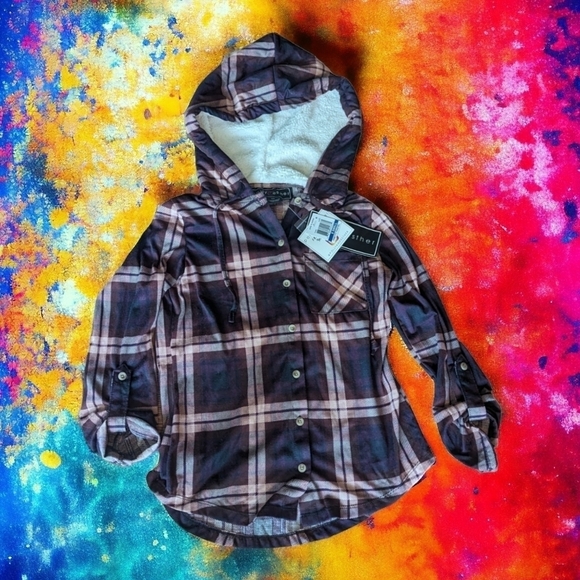Twilight Vibes Plaid Button Up Grunge  Hoodie Roll Tab sleeve top NWT sz XS - Picture 8 of 11